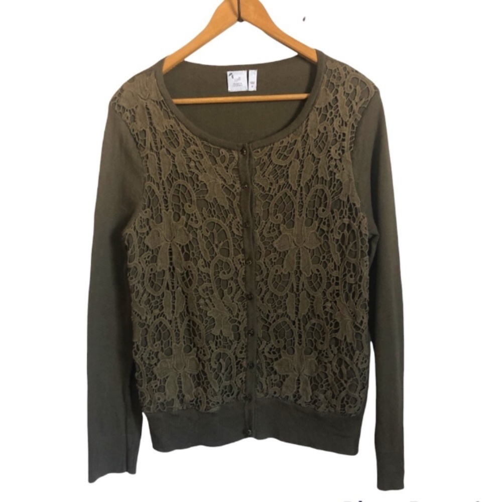 j. jill Delight in the Details Olive Green Sweater M Embroidery Lace Look